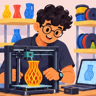 Illustration of a 3d printing specialist at work