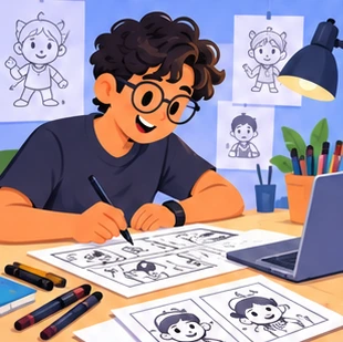 Illustration of a cartoonist at work