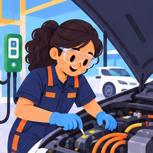 Illustration of a electric vehicle technician at work