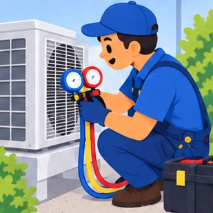 Illustration of a refrigeration & ac technician at work