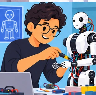 Illustration of a robotics engineer at work