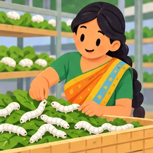 Illustration of a sericulturist at work