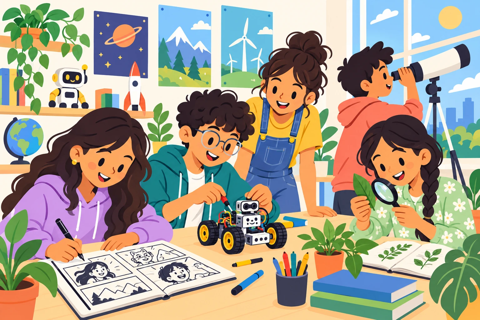 An illustrated student exploring science, design, architecture and astronomy
